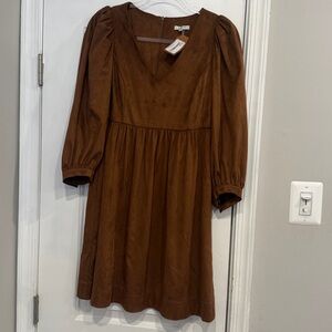 Tyler Boe Chestnut Brown V-Neck Puff Sleeve Midi Dress